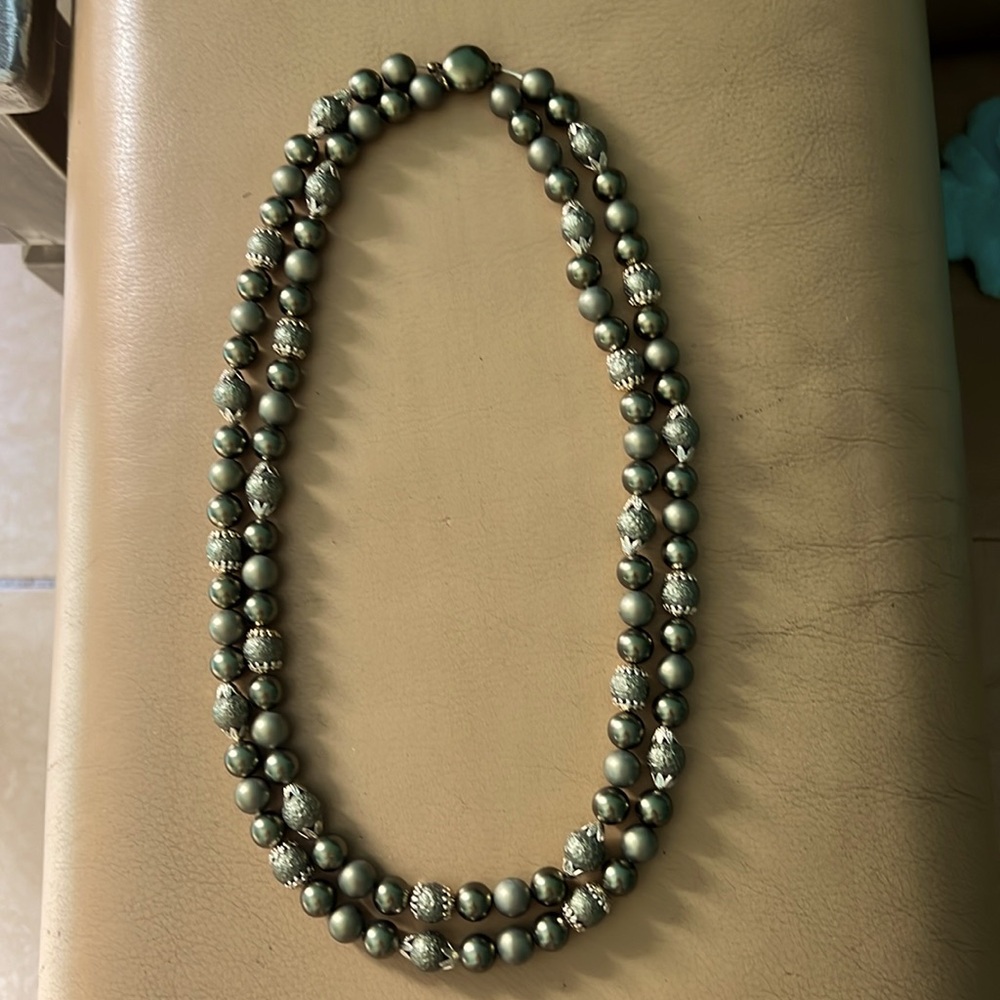 Vintage Japan 2 gorgeous strand necklace army green & gold in  color